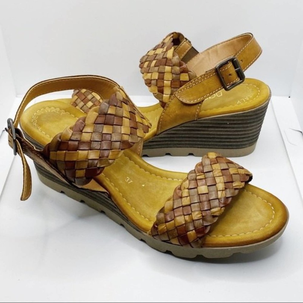 Napa Flex by David Tate Italy Brown Leather Woven Strap Wedge Sandals Size 5.5